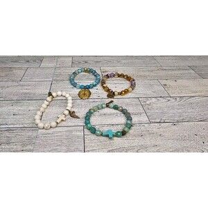 Lot of 4 Liv N Grace Stretch Bracelets Natural Stones Charms Cross Handmade